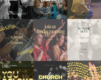 May include: A collage of images with people in a church setting. Text overlays include "Sunday Morning", "Church This Sunday", "Join Us Sunday Morning", and "Worship Night". The images feature people with their hands raised.