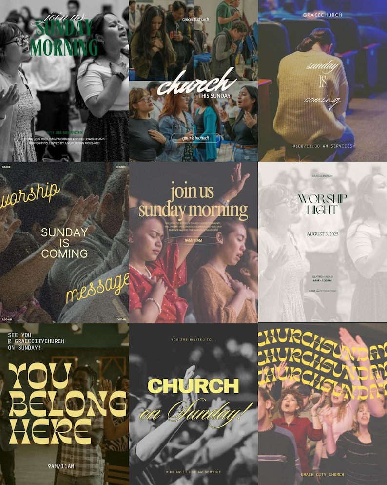 May include: A collage of images with people in a church setting. Text overlays include "Sunday Morning", "Church This Sunday", "Join Us Sunday Morning", and "Worship Night". The images feature people with their hands raised.