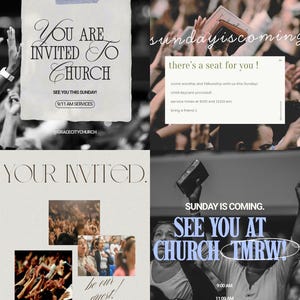 May include: A collage of images with text inviting people to church. The text includes phrases like "You are invited to church," "Sunday is coming," and "See you at church tmrw!" Service times are listed as 9:00 AM and 11:00 AM.