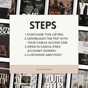 May include: A digital product listing featuring multiple tablet mockups with event promotion graphics. The central text reads "STEPS" followed by instructions for purchase, download, and customization using Canva. The design includes the text "YOUTH GROUP" and "TONIGHT".
