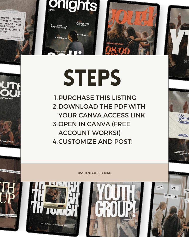 May include: A digital product listing featuring multiple tablet mockups with event promotion graphics. The central text reads "STEPS" followed by instructions for purchase, download, and customization using Canva. The design includes the text "YOUTH GROUP" and "TONIGHT".