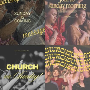 May include: A collage of four images with text promoting church services. The images feature people with raised hands, and text overlays such as "Sunday is Coming," "Join us Sunday Morning," and "Church on Sunday!" in yellow.