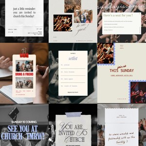May include: A collage of invitations and reminders for a church service. The designs feature text like "You are invited to church this Sunday!" and "See you at church tomorrow!" with images of people.