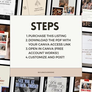 May include: A collection of digital templates displayed on tablets, featuring church-themed designs. The templates include invitations, reminders, and event announcements. The central image displays instructions: "STEPS: 1. PURCHASE THIS LISTING... 4. CUSTOMIZE AND POST!"