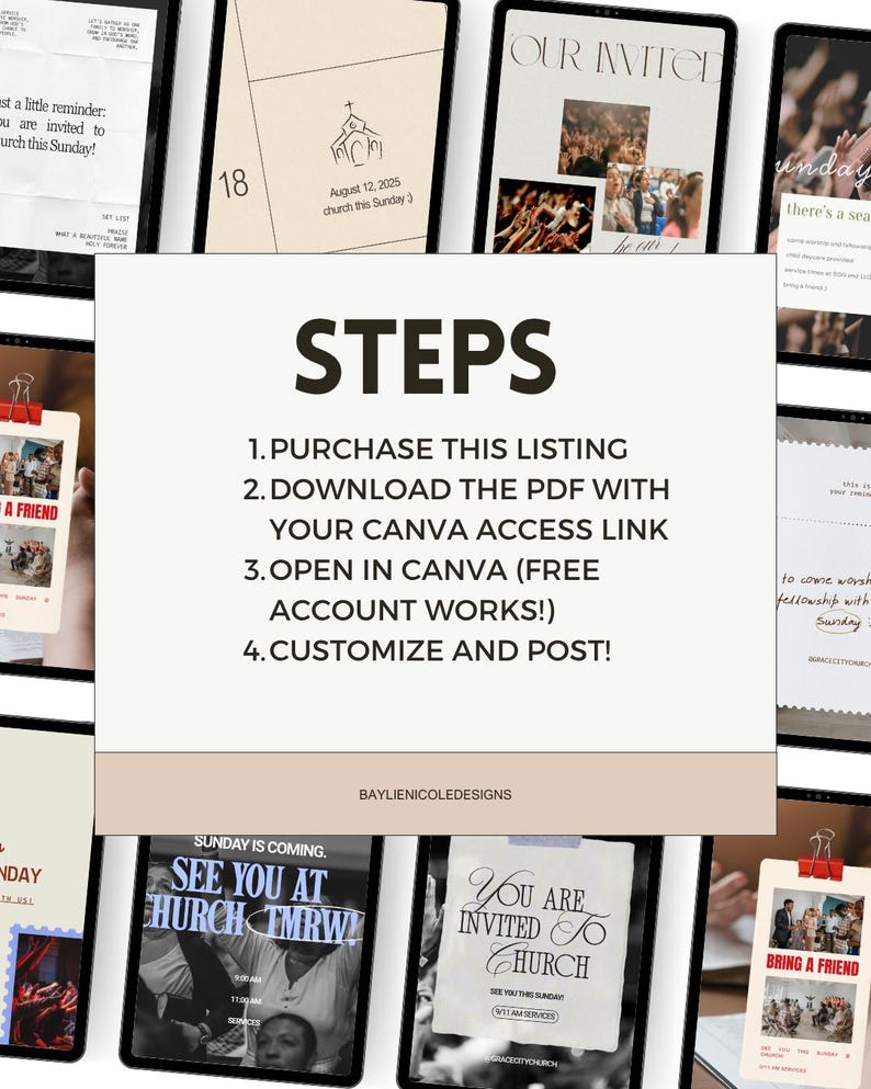 May include: A collection of digital templates displayed on tablets, featuring church-themed designs. The templates include invitations, reminders, and event announcements. The central image displays instructions: "STEPS: 1. PURCHASE THIS LISTING... 4. CUSTOMIZE AND POST!"
