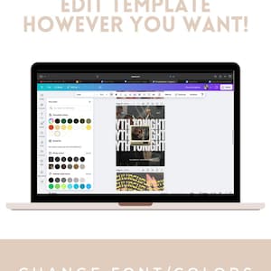 May include: A laptop displaying a design template with the text "EDIT TEMPLATE HOWEVER YOU WANT!" and "CHANGE FONT/COLORS". The screen shows a design with the words "YTH TONIGHT" and "CHURCHSO". The laptop is on a light beige surface.