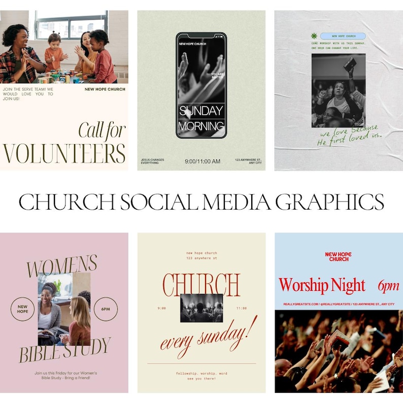 May include: A collection of church social media graphics. The designs feature images of people, text, and a smartphone. Text includes "Call for Volunteers", "Sunday Morning", "Womens Bible Study", and "Worship Night 6pm". The color palette includes beige, pink, and blue.