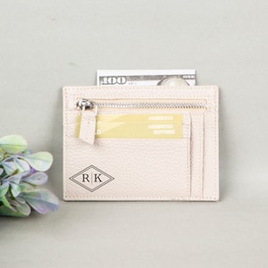 Tarjetero de piel personalizado con cremallera, cartera rosa para mujer, tarjetero para mujer, regalo para él, monedero fino con cremallera, monedero rosa para mujer
