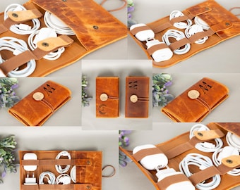 Handmade Genuine Leather Cable Organizer,Personalizable Cord Organizer & Passport Holder,Travel Charger Roll,Cable Tidy,Christmas Gift