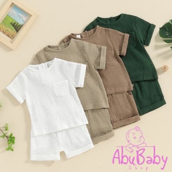 Newborn Baby Summer Clothes Set Solid Cotton Linen Short Sleeve T-shirts Beach Button Shorts Casual Outfits Baby Gift for Mother