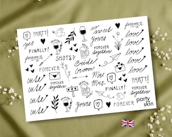 Fine Line Wedding Temporary Tattoos, Party Quotes & Botanicals (A4 Sheet, 55 pcs) | Modern Wedding Tattoo Station