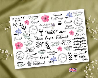 Colorful Wedding Temporary Tattoos, Watercolor Flowers & Fun Sayings (A4 Sheet, 40 pcs) | Bridesmaid Favors, Tattoo Station