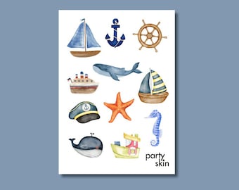 Nautical Temporary Tattoos for Kids, 12 Designs, A6 Sheet | Birthday Party Favors, Goodie Bag Filler