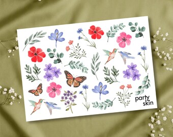 Watercolor Floral Temporary Tattoos, Hibiscus, Butterflies & Hummingbirds (A5 Sheet, 28 pcs) | Boho Wedding, Bachelorette Favors
