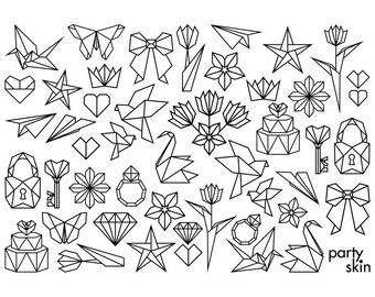 Origami Wedding Temporary Tattoos, Geometric Line Art (A4 Sheet, 35 Tattoos) | Minimalist Wedding Tattoo Station, Party Favors