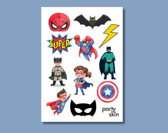 Superhero Temporary Tattoos for Kids, 12 Designs, A6 Sheet | Birthday Party Favors, Goodie Bag Filler