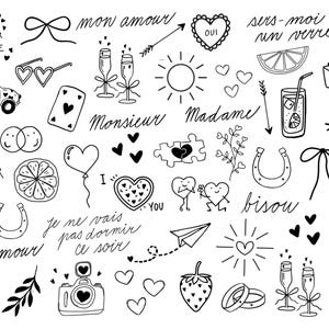 Pode incluir: Uma cole&ccedil;&atilde;o de ilustra&ccedil;&otilde;es em preto e branco com cora&ccedil;&otilde;es, ta&ccedil;as de champanhe, um carro, uma c&acirc;mera e frases francesas como "mon amour" e "oui". O design tem um tema rom&acirc;ntico.