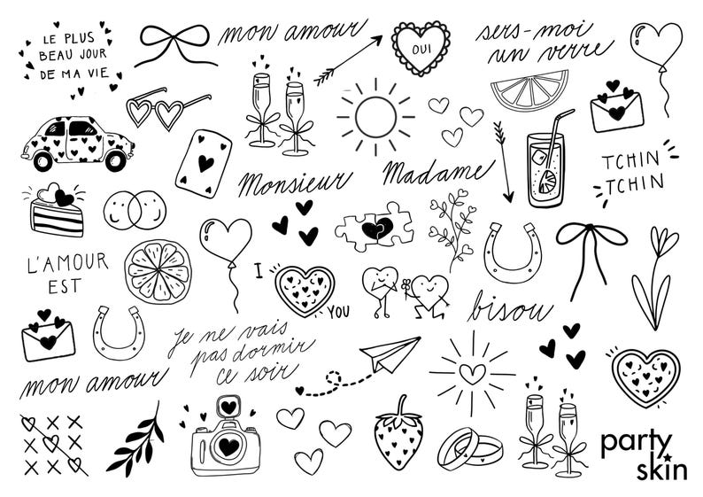 Pode incluir: Uma cole&ccedil;&atilde;o de ilustra&ccedil;&otilde;es em preto e branco com cora&ccedil;&otilde;es, ta&ccedil;as de champanhe, um carro, uma c&acirc;mera e frases francesas como "mon amour" e "oui". O design tem um tema rom&acirc;ntico.