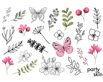 Pastel Floral Wedding Temporary Tattoos, Bachelorette Party Favors (A5 Sheet, 23 Tattoos) | Fine Line & Watercolor Flowers