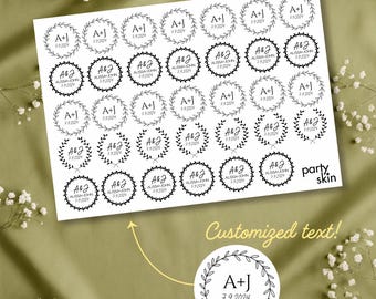 Custom Initials Temporary Tattoos, Monogram in Laurel Wreath (A4 Sheet, 34 pcs) | Personalized Wedding & Bridal Shower Favors