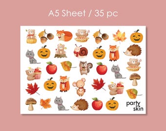 Autumn Temporary Tattoos for Kids, Cute Fall Animals, Pumpkins & Leaves (A5 Sheet, 35 pcs) | Not Scary Halloween Party Favors