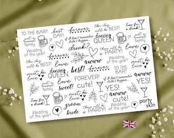Tatuagens temporárias de casamento, desenhos e frases para convidados (folha A4, 57 unidades) | Lembrancinhas de casamento, entretenimento para bar de tatuagens