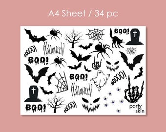Halloween Temporary Tattoos, Bats, Spiders, Ghosts & Skeleton Hands (A4 Sheet, 34 pcs) | Kids Halloween Party Favors, Trick or Treat