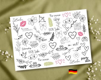 Temporäre Hochzeitstattoos, Liebe & Für immer Line Art mit Initialen (A4 Bogen, 55 Stück) | Hochzeitsgeschenk, Tattoo Station für Gäste
