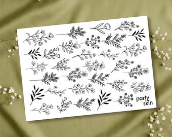 Fine Line Botanical Temporary Tattoos, Delicate Wildflower Sprigs (A5 Sheet, 31 pcs) | Minimalist Wedding, Bridesmaid Favors