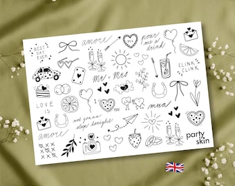 Minimalist Wedding Temporary Tattoos, Fine Line Amore & Mr Mrs (A4 Sheet, 50+ pcs) | Wedding Tattoo Station for Guests
