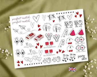 Tatuagens temporárias para casais, ilustrações e frases que combinam perfeitamente (folha A4, 45 unidades) | Lembrancinhas para despedida de solteira, estúdio de tatuagem