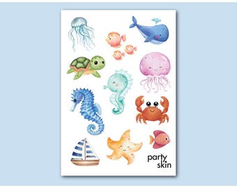 Ocean Temporary Tattoos for Kids, 12 Designs, A6 Sheet | Birthday Party Favors, Goodie Bag Filler