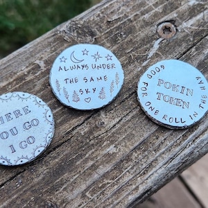 Custom tokens, pocket stones, pewter, pocket hug