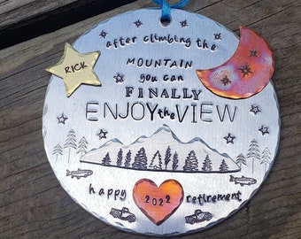 Retirement gift ornament, custom, personalized, mountains, sunshine. Can be made to say whatever you'd like