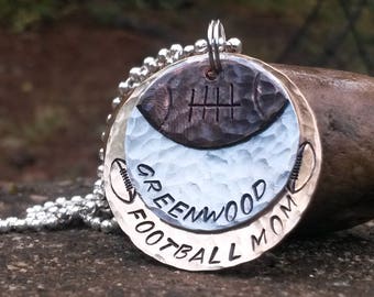 Football Mom 3 Tiered Sports Necklace or Key Chain Hand Stamped Metal Customiseable