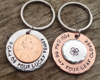 Lucky penny, and clover keychains. Custom text