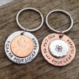 Lucky penny, and clover keychains. Custom text