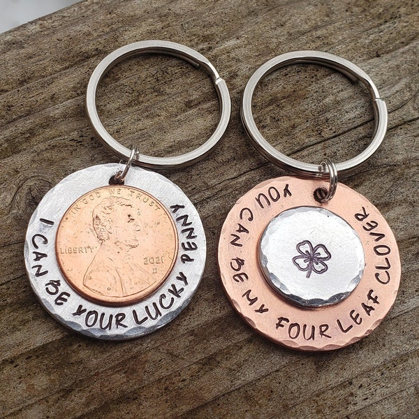 Lucky penny, and clover keychains. Custom text