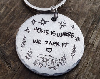 Custom camping keychain, happy campers, motorhome, rv