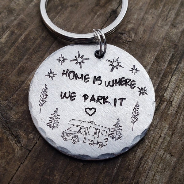 Custom camping keychain, happy campers, motorhome, rv