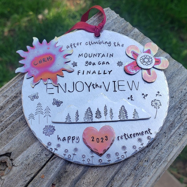 Retirement gift ornament, custom, personalized, mountains, sunshine. Can be made to say whatever you'd like