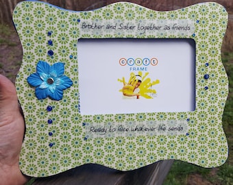 One of a kind brother and sister frame, siblings, floral, green and blue