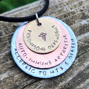 Hand stamped medical alert necklace or keychain. Can be made custom Metal Personalized Hammered