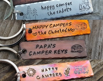 Happy camper keychain. Trailer keys, camping, rv, adventure awaits etc..custom text