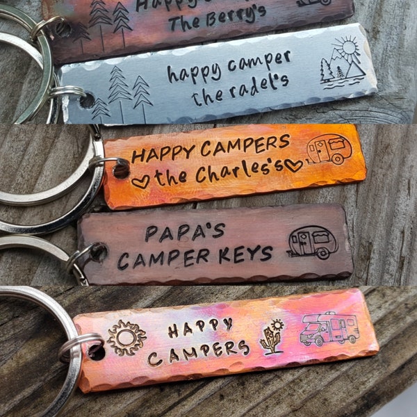 Happy camper keychain. Trailer keys, camping, rv, adventure awaits etc..custom text
