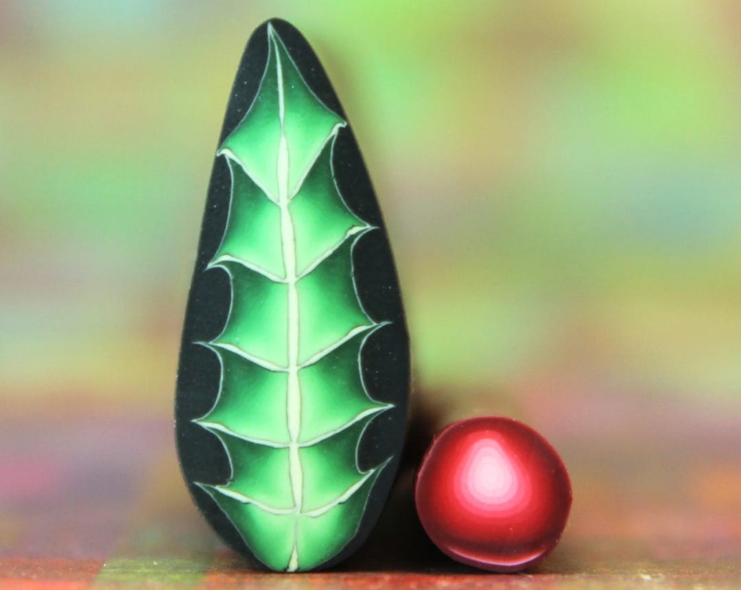 Medium Set of 2 Christmas Polymer Clay Canes, Holly Leaf and Red Berry ...