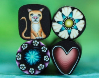30% OFF SALE MINI Set of 4 Polymer Clay Cat, Heart, and Flower Canes -"Sweet Freedom" cane series (23aa)
