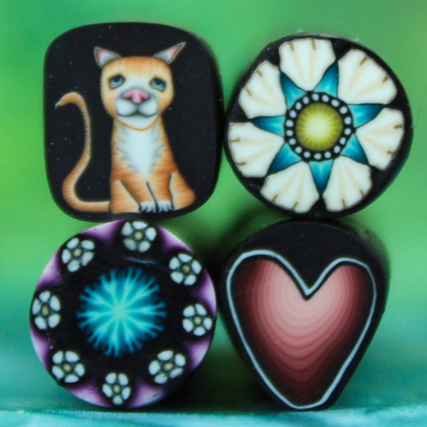 30% OFF SALE MINI Set of 4 Polymer Clay Cat, Heart, and Flower Canes -"Sweet Freedom" cane series (23aa)