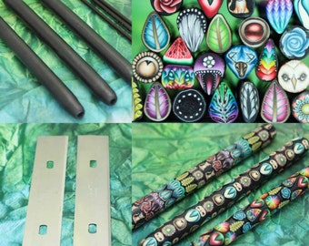 Set of 3 Polymer Clay PEN KITS : Random Assortment of 9 Mini Canes (1.5" length, may differ from photo), 3 Pens, and 2 Blades