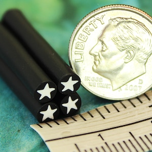 May include: Four black cylindrical rods with white star-shaped centers arranged in a square cluster. A US dime coin and a white ruler showing imperial measurements are placed next to the rods to provide a clear sense of scale for the items.
